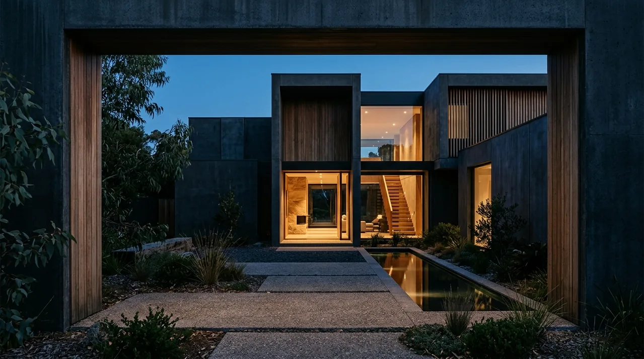 Studio at closing — timber, concrete and evening light