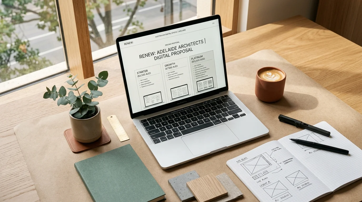 Website proposal with itemized pricing tiers, wireframes, and project scope notes