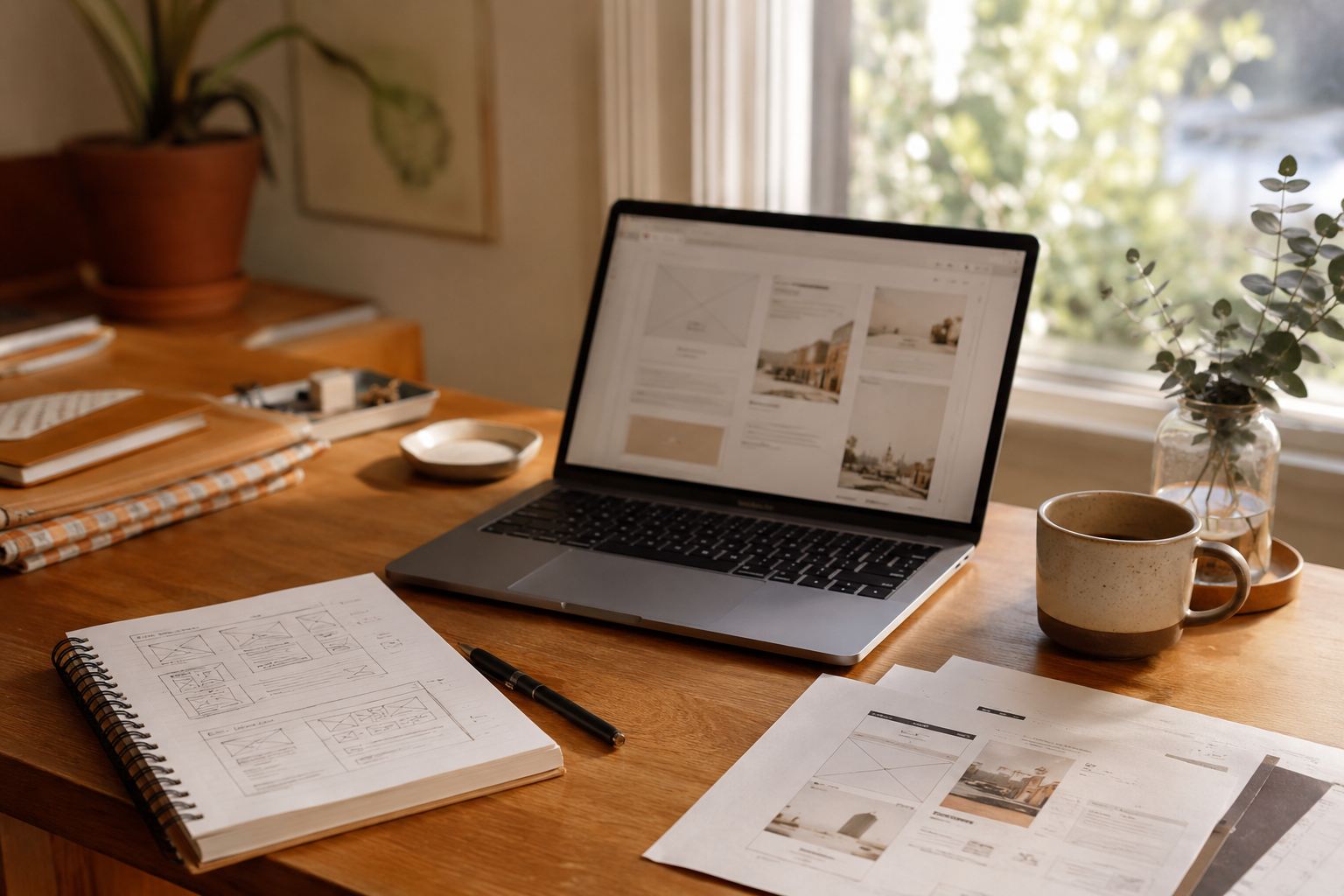 Inside the DESIGN 33 Adelaide studio — website wireframes, layout sketches and planning notes on the desk
