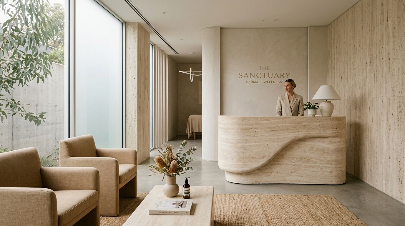 Luxury aesthetic clinic interior with textured travertine stone and warm neutral light
