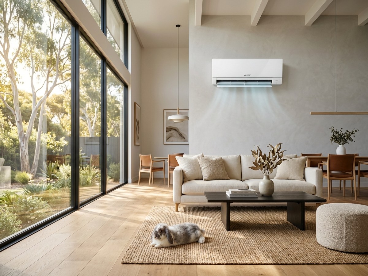 Modern reverse cycle air conditioning cooling an Adelaide home with pet rabbit