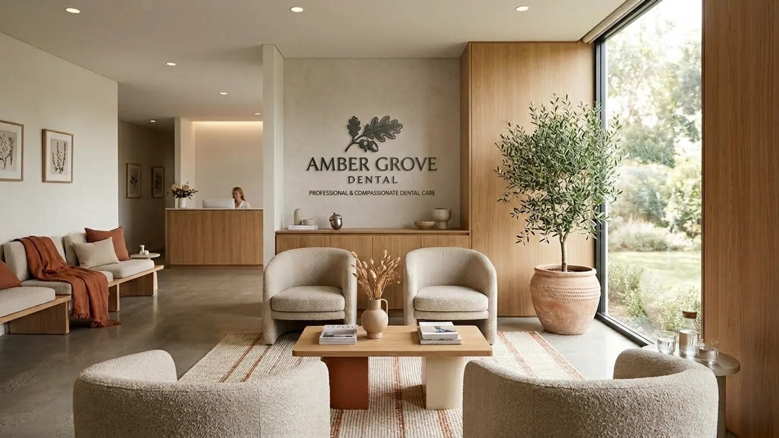 The calm, softly-lit waiting room at Amber Grove Dental
